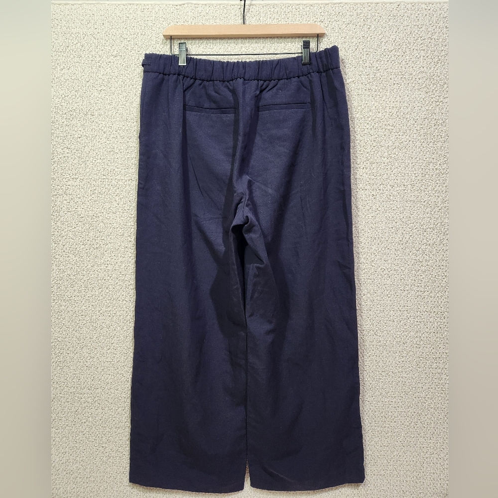 Talbots Linen Blend Wide Leg Navy Dress‎ Pant Pull On Elastic Waist Belted LG - Picture 2 of 10